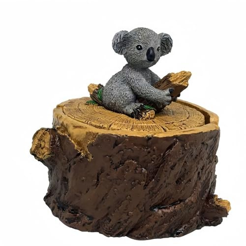 Vyloky Dekorativer Aschenbecher mit Tier-Deckel - Baumstumpf Design (Eichhörnchen, Igel, Eule, Koala) für Wohnzimmer, Balkon & Geschenk (11x11cm) (Koala)