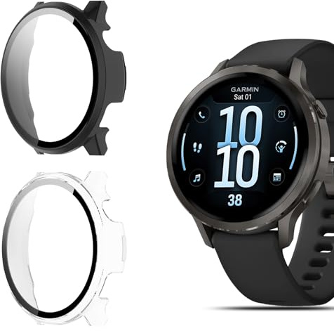 QULLOO 2 Pièces Coque pour Garmin Venu 4 41mm Smartwatch Protection Écran, Dur PC Matériel étui de Protection Complète Case de Verre Trempé pour Garmin Venu 4 41mm, Noir + Transparent