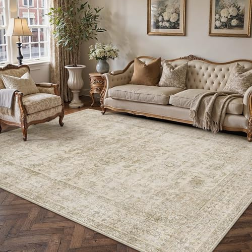 PureCozy Vintage Teppich Wohnzimmer 140x200cm Beige Waschbar Groß Teppiche | Retro Teppich,Waschbar,Rutschfest,Weich Kurzflor,für Schlafzimmer,Esszimmer,Büro Rug