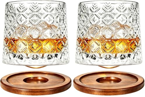 Uten Verre à Eau Rotatif, Verre à Whisky de 275 ml, Sous-verres en Bambou, Peut être Utilisé Comme Verres à Rhum, Tasse à Cocktail, Tasse à Café, Gobelets, Réduire le Stress-1pcs (Lot de 2)