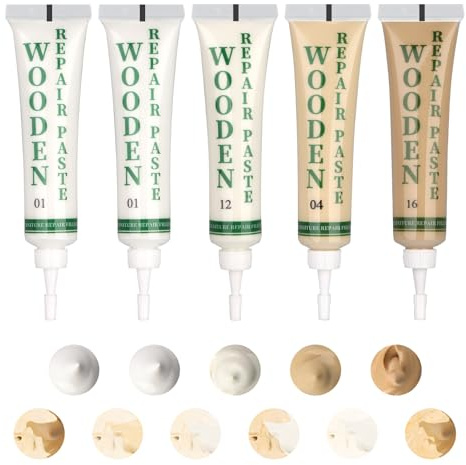 5Pcs Laminate Floor Repair Kit Oak Wood Furniture Filler for Scratches Cracks Holes Stains Discoloration Pet Claw Marks Easy DIY Home Office Wooden Furniture Fixer, Different Light White
