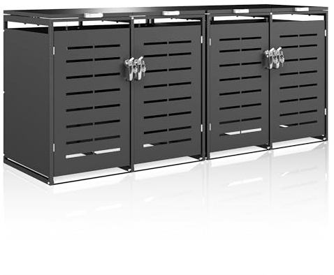 Freelawn Mülltonnenbox 4er 240L Verzinkter Stahl, Wetterfeste Mülltonnenverkleidung mit Gasdruckfedern & Müll-Aufkleber, Anthrazit (Lieferung: 4 Pakete, 2X A+2X B)