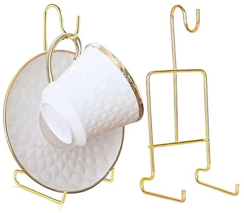 Cup and Saucer Display Stand - 2-Pcs Tea Cup and Saucer Holder | Elegant Gold-Plated Organizer Rack | Countertop Coffee Mug Holder & Plate Display - for Cabinet Shelf Cafe