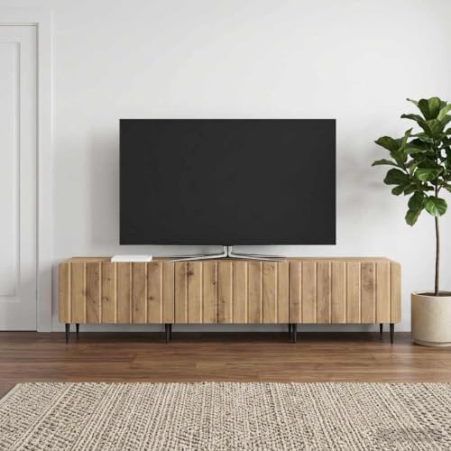 zylophax Mobile porta TV in legno ingegnerizzato rovere artigianale 147x34,5x32 cm con 3 cassetti estraibili e gambe in acciaio per soggiorno moderno, ampio spazio e montaggio semplice