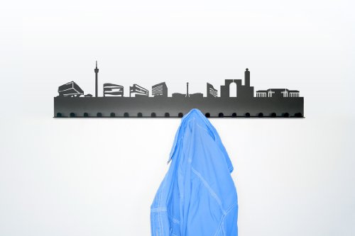 Radius Städtegarderoben - Skyline Wandgarderobe aus pulverbeschichtetem Stahl mit 19 Haken - 80 x 3 x 18 cm, Schwarz (709 G) - über 45 verschiedene Motive (Stuttgart)