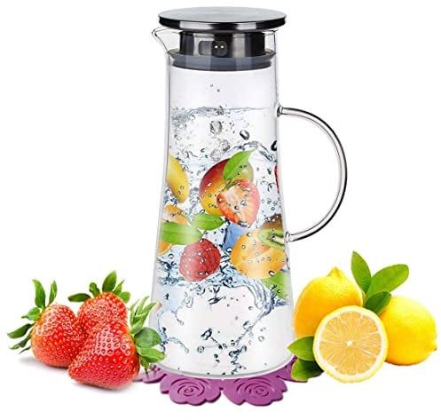 Glass Jug with Lid,Water Pitcher Glass Carafe,Borosilicate Glass Water Jar and Stainless Steel Lid and Coaster,Water Carafe,Juice Pitcher(50oz/1500ml)2