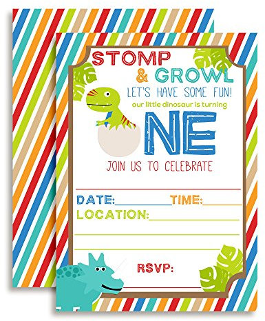 AmandaCreation Einladungskarten zum ersten Geburtstag, Motiv: Dinosaurier, 12,7 x 17,8 cm, mit 10 weißen Umschlägen