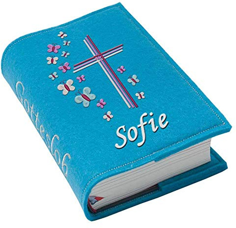 Gotteslob Gotteslobhülle Kreuz Schmetterlinge lila pink Filz mit Namen bestickt hellgrau weiß dunkelgrau blaugrau dunkelblau türkis maigrün flieder Mädchen, Farbe:türkis