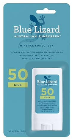Blue Lizard Kids Mineral SPF 50 Sunscreen Stick, Zinc Oxide, 100% Mineral Actives, Developed for Kids’ Sensitive Skin, TSA-Friendly, Vegan, Paraben-free, Fragrance-Free, 0.5 oz