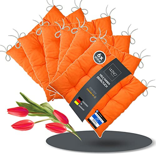 LILENO HOME 6er Set Stuhlkissen Orange (40x40x6 cm) - Sitzkissen für Gartenstuhl, Küche oder Esszimmerstuhl - Bequeme UV-beständige Indoor u. Outdoor Stuhlauflage als Stuhl Kissen