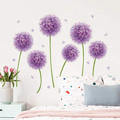 decalmile Purple Dandelion Wall Decals Allium Flower Wall Stickers Girls Bedroom Living Room TV Background Wall Art Decor (6 Flowers)