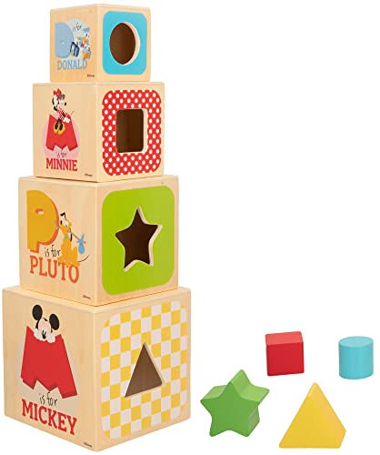 WOOMAX 48738 - Cubos apilables de madera para bebé, Torre encajable de juguete Disney, Juguetes Mickey y Minnie, Juego educativo, Montessori, Primera infancia, A partir de 12 meses, Regalos infantiles