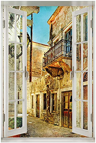 Wallario Poster - Gasse im Süden, Urlaub in Griechenland in Premiumqualität, Größe: 61 x 91,5 cm mit Fenster-Illusion (Maxiposter)