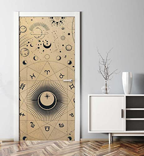 MyMaxxi - Tür bekleben mit Türtapete Türposter Türfolie Selbstklebend 90x200 Raum und Zeit - Tür verschönern Türaufkleber Türklebefolie Astrologie Zodiac Sternzeichen gelb