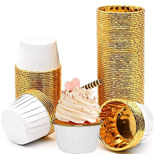 Muffinförmchen Papier, Cupcake Formen Papier, Antihaftbeschichtet Einweg-Backbecher für Muffinform Cupcake, 50 Stück, Weiß-Gold