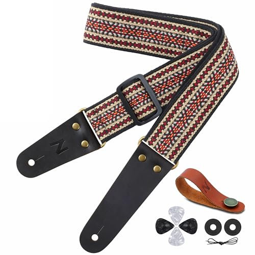 Nefelibata Gitarrengurt, echte Lederenden für Bass-, Elektro- und Akustikgitarren, mit kostenlosem Gurtknopf, 1 Paar Gurtschlössern und 4 Gitarrenplektren