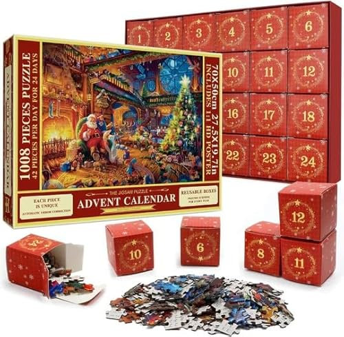 Merrwon Christmas Advent Calendar 2024,Jigsaw Puzzle Advent Calendar,Christmas Advent Calendar, 24 Parts 1008 Piece Puzzle,Christmas Gifts for Women Men Kids Friends