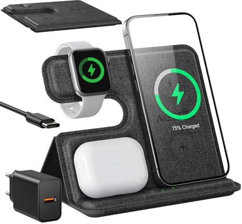 AGPTEK 3 in 1 Wireless Charging Station, Foldable Travel Wireless Charger Anti-Slip Compatible with iPhone 15/14/13/12/11/XR/XS/X/8, for Samsung S24/S23/S22/S21/S20, iWatch 2-9/AirPods, 18W Adapter