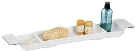 Relaxdays Badewannenablage, ausziehbar 55,5–78 cm, Kunststoff, Wasserablauflöcher, rutschsicher, Badewannenbrett, weiß