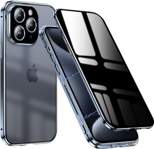 QiiStar Privacy Case for iPhone 12 Pro Max,Front and Back 360 Degree Full Body Cover Anti-peeping Screen with Crystal Clear Back Double-sided Tempered Glass Magnetic 12 ProMax Metal Case,Blue