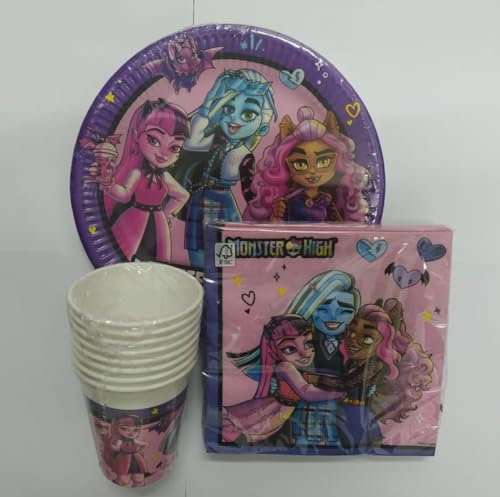 Lote de Vajillas Juveniles Monster High (24 Vasos, 24 Platos (23 cm) y 40 Servilletas) .Detalles y Decoración para Fiestas de Cumpleaños, Halloween, Bodas, Bautizos, Comuniones. AB