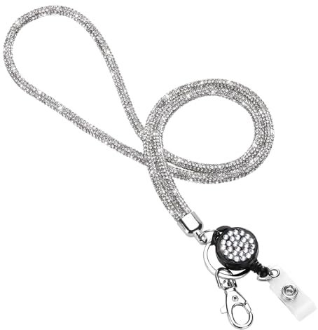 Soleebee Kartenhalter Trageband, Bling Strass Schlüsselband Lanyard mit Schlüsselring Kristall Halsband Damenkette Halskette Kit für Schlüsselanhänger ID-Kartenhalter (Silber mit Ausweis JoJo)