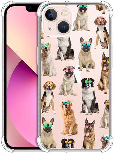 GlamCase for iPhone 13, iPhone 13 Clear Case - Dog Pattern with Sunglasses design Printed Slim Fit Flexible Shockproof Clear Designer Back Case/Cover for iPhone 13 only.