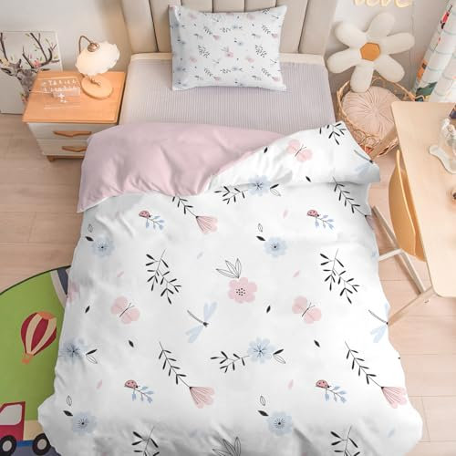 Linfye Parure de lit pour Enfant et BéBé Floral Rose Blanc Housse de Couette 100x135 cm Bebe et Taie d'oreiller 40x60 cm, Fleur Bleue Réversible Ensemble de Literie Linge de Lit pour Tout-Petits