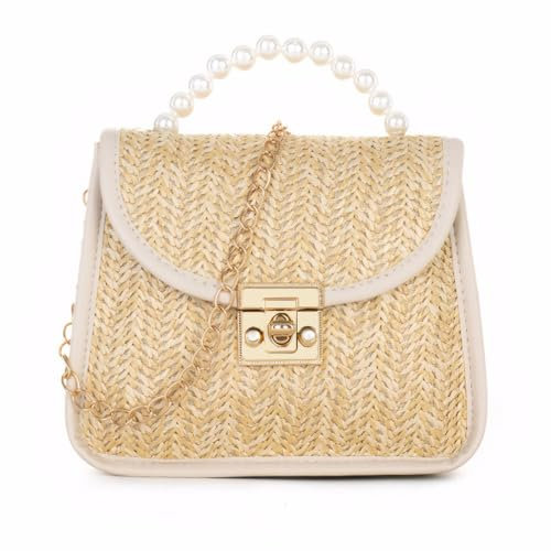 TOFBS Sac a Main Femme Pochette en Paille Tissée Plage d'Été Embrayage Soirée Sacs à Bandoulière avec Chaîne pour Fête Mariage Vacances Boule (Blanc)