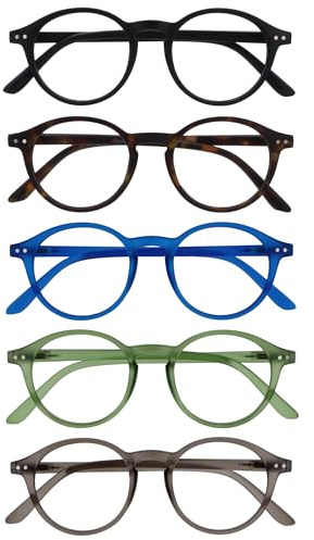 OPULIZE REY Lesebrille - 5er-Pack - Runder Retro-Rahmen - Mattschwarz, Braun, Blau, Grün, Grau - Herren Damen - Federscharniere - RRRRR56-12367 - +2.00