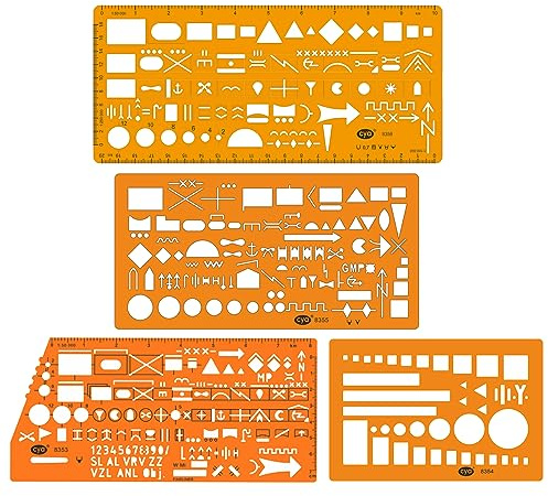 CYA Militärische Kartenmarkierungsschablonen-Set – 4er-Pack (8353, 8354, 8355, 8356) mit APP-6A-Einheitensymbolen, transparent orange, taktische Schablonen mit Maßstäben 1:50.000 & 1:100.000 für