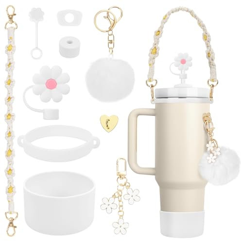 10Stück Stanley Cup Zubehör, 3 Auslaufschutz, 1 Strohhalm Abdeckung, 1 Becherring 1 Wasserflaschen Band, 1 Silikonhülle, 1 Pompon Ball, 1 Schlüsselanhänger, 1 Herzförmiger Haken (Creme Pompon)