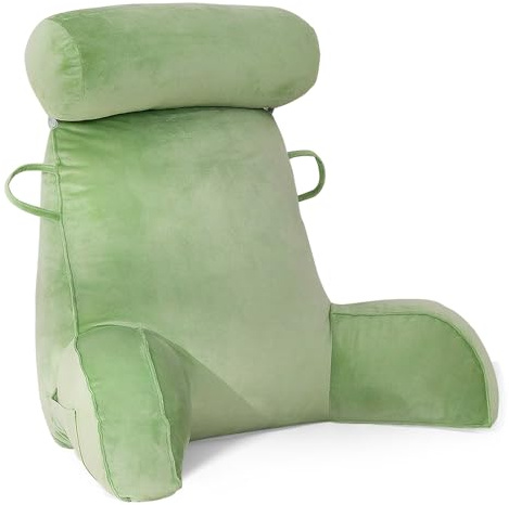 GKXLH Lesekissen - Samt Lesekissen für das Sitzen im Bett Erwachsene, Rückenkissen für das Sitzen im Bett mit rundem Kissen, Rücken-Arm-Unterstützung Bettruhekissen mit Arm, Tasche, waschbarer Bezug