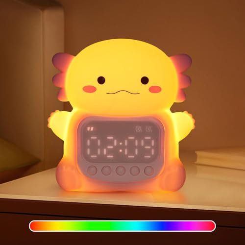 Axolotl Wecker mit Nachtlicht für Kinder, 7 RGB-Farben Süße Wecker für Schlafzimmer, Ok to Wake Wecker, Silikon Tier Tischlampe für Teenager-Mädchen und Jungen
