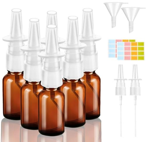 6 Stück Nasenspray Flasche Leer, 10ml Glas Nasensprayflasche, Wiederverwendbar Nasen Sprühflaschen, Nachfüllbare Zerstäuber mit Düsen Trichter Etiketten für Parfüm Atherische Kochsalzlösung (Braun)