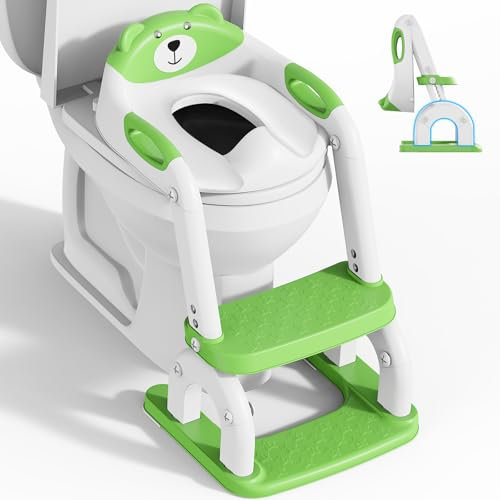 Sedile WC per bambini con scale, accessorio per WC aggiornato per bambini per ragazzi e ragazze, 2 in 1 con scale, regolabile in altezza, comodi sedili per WC sicuri (verde tre scale)