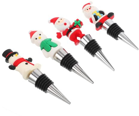 STOBAZA Christmas Wine Bottle Stopper, 4Pcs Reusable Matal Beverage Bottle Stoppers for Xmas Holiday Party Favor, Santa and Snowman Designs Christmas Decorative Wine Saver