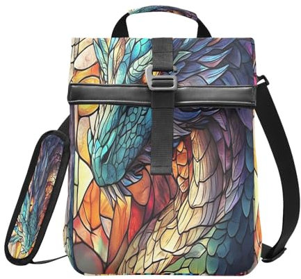 Lonchera aislada con parte superior enrollable para mujeres y hombres, dragón, vidrieras, cabeza de arco iris, plegable, lonchera enrollable reutilizable con correa para el hombro
