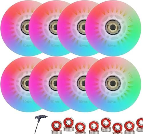 Leuchtende Inline-Skate-Rollen, 8er-Pack mit ABEC-9-Kugellagern, mehrere Größen, 64–80 mm, LED-beleuchtet, 90 A Härte, Rollschuhe (mehrfarbig, 80 mm)