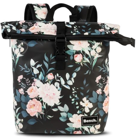 Ragusa-Trade Bench Hydro Mini Rolltop Rucksack Damen & Herren, Daypack, Backpack, 34/43 x 27 x 10 cm, 13 L Volumen, dunkel Blumen