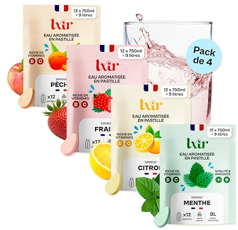 LXIR DRINK - Eau aromatisée en pastille sans sucre - Boisson multivitamines - Vitamines C et B - Hydratation quotidienne - Beauté de la peau - Vitalité - 48 pastilles - Citron/Pêche/Menthe/Fraise