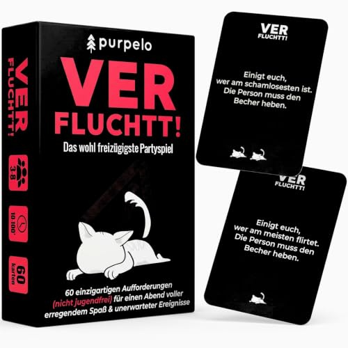 PURPELO VERFLUCHTT! 18+ Partyspiel für Erwachsene | Kartenspiel 60 einzigartige Aufgaben | 3–8 Spieler | Geburtstag, JGA, Clubnacht, Abschlussfeier | Geschenkidee