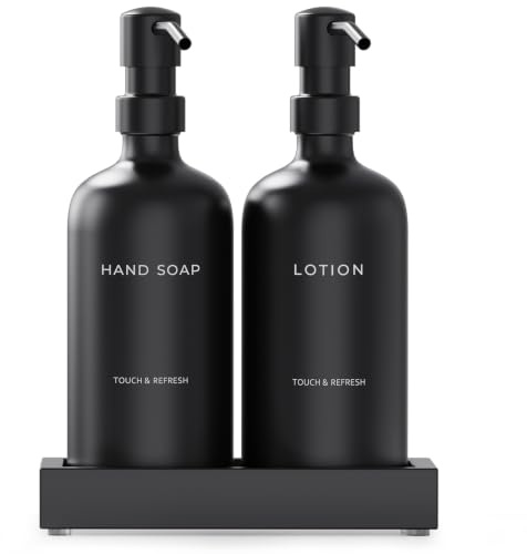 Soap Dispenser Bathroom Set - Hand Soap and Lotion Dispenser Set with Tray, Modern Bathroom Decor & Accessories. (Black)