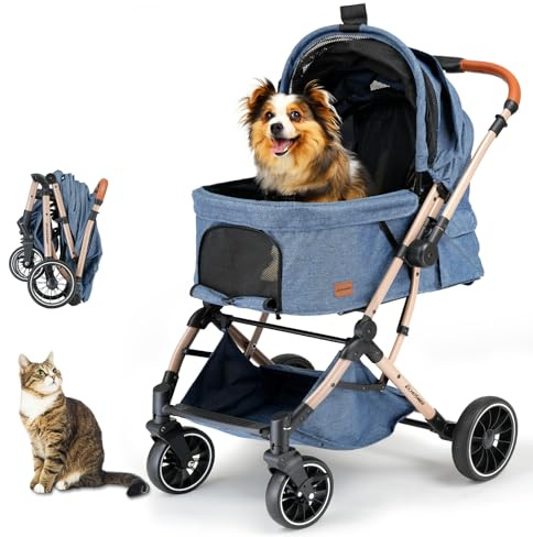 EchoSmile Ein-Knopf-Falt Hundewagen, Hundebuggy bis 20kg für kleine mittel Hunde & Katzen, Hunde Buggy & Katzenwagen mit Umkehrbarer Griff, Stoßdämpfung & Abnehmbares Waschbares Pad (Blau)