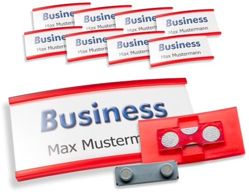 10 Stück SchiBo® Business Namensschild Kunststoff mit starkem Doppelmagneten 74 x 37 mm (Transluzent rot)