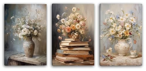 YunBey Set de 3 cuadros vintage, óleo de flores y libros para pared | Decoración artística mural tamaño 40×30 cm. Ideal para sala de estar, dormitorio y comedor