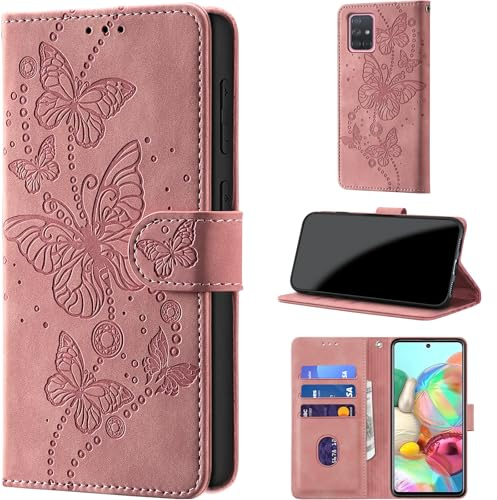 Handyhülle für Samsung Galaxy A71 Hülle, Rosa | Klappbar Premium PU Lederhülle, RFID Schutz, Stoßfeste, Kartenfach, Standfunktion, Magnetverschluss, Leder Prägung, Flip Case