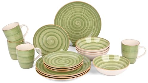 LEOM 16-Piece Tableware Ceramic Dinnerware Set, Spiral Pattern Stoneware Dinner Set, Service for 4, Handpainted Swirl Design Plates, Bowls and Cups Dishwasher Microwave Safe (16, Green)