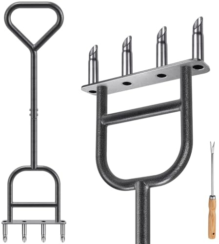 Dolibest Rasenlüfter Aerifiziergabel 4 Hohlspoon/Dreieckiger Griff | Bodenlüfter Rasenlöcher Rasenspecht Rasenpflege Werkzeug,Anti-Verstopfungsfunktion,93cm Lang,Umpflanzen Sämling Unkraut Jäten