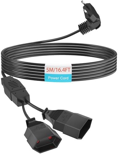 Verlängerungskabel 2-Fach Eurostecker, Euro Verlängerung 5M Netzkabel, 2-in-1 Stromkabel Dreifach Typ-C-Stecker, 0,75 mm² Max.2,5A/250V für TV PC Computer Monitor Beamer Lampe, Schwarz